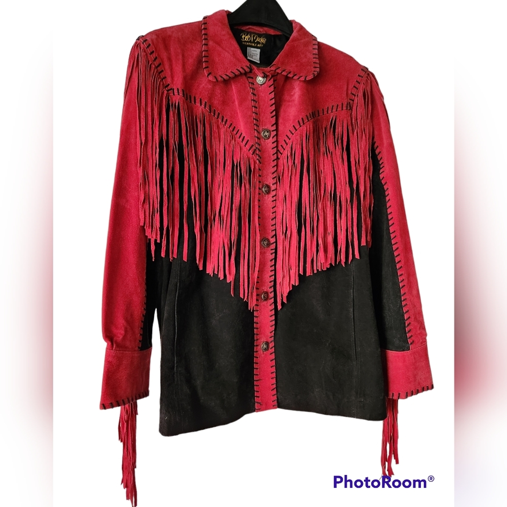 Bob Mackie Women’s Red Suede Western Fringe Jacket Size Medium. Wearable Art